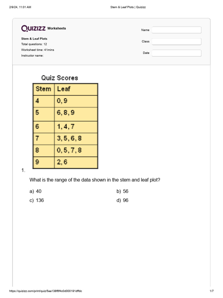 Stem & Leaf Plots _ Quizizz | PDF | Data Model | Descriptive Statistics