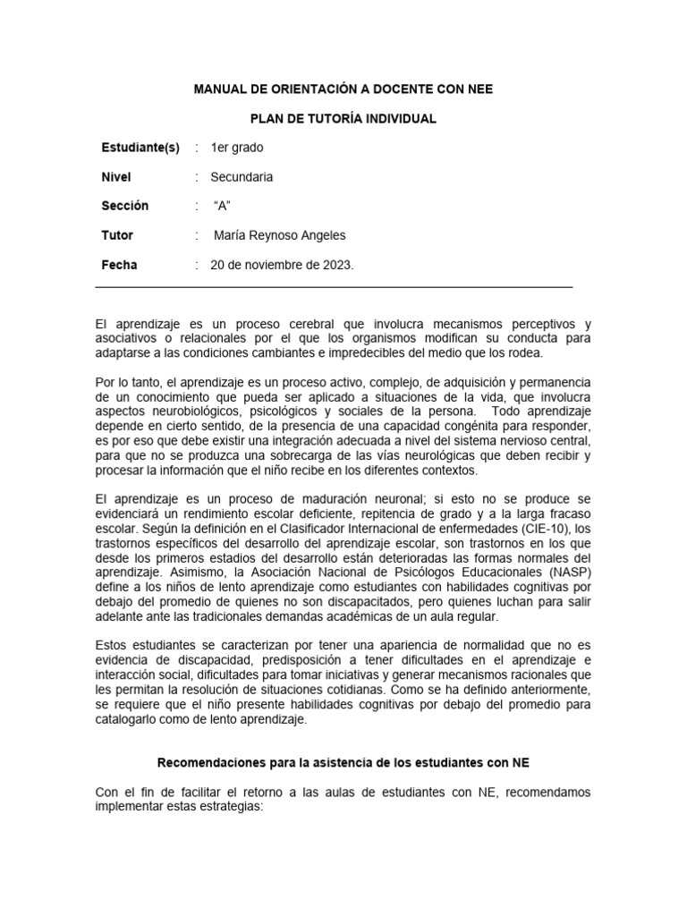 Manual de Orientación A Docentes Con Nee | PDF | Aprendizaje ...