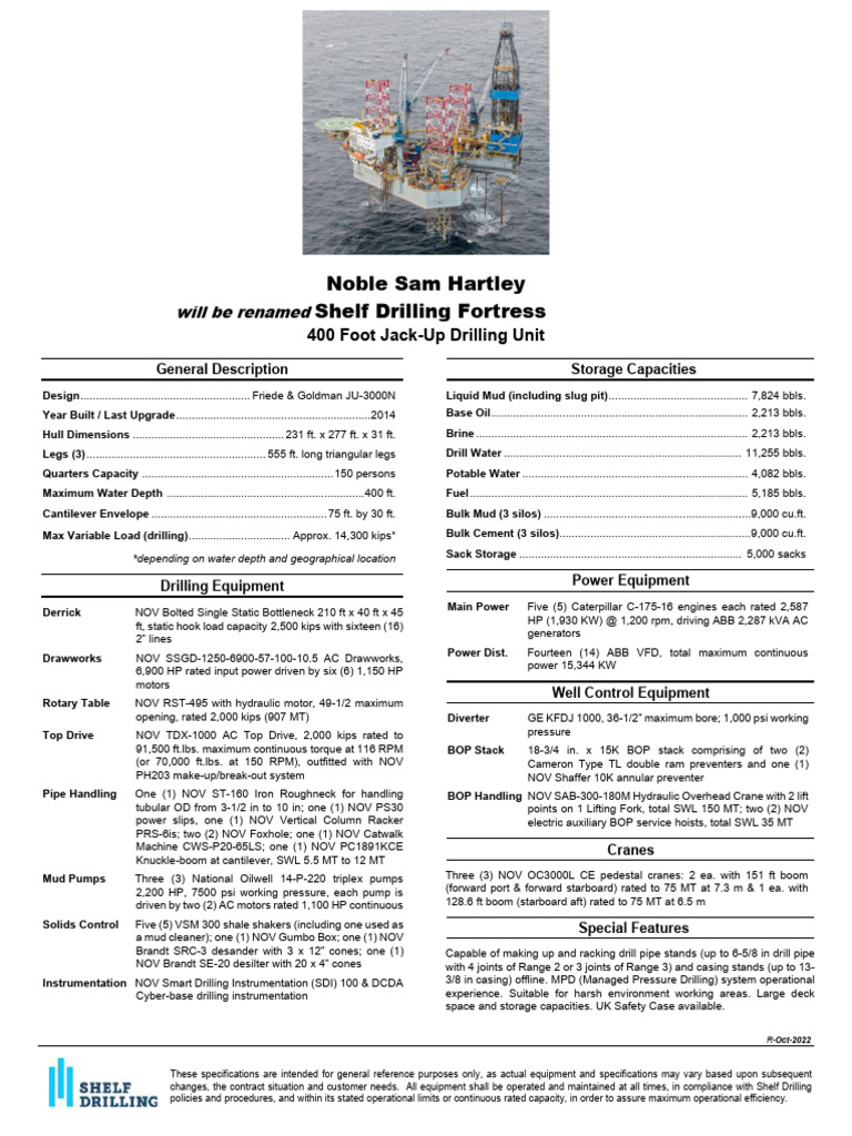 Shelf Drilling Fortress Spec Sheet NSH Oct 2022 PDF Crane (Machine) Pump