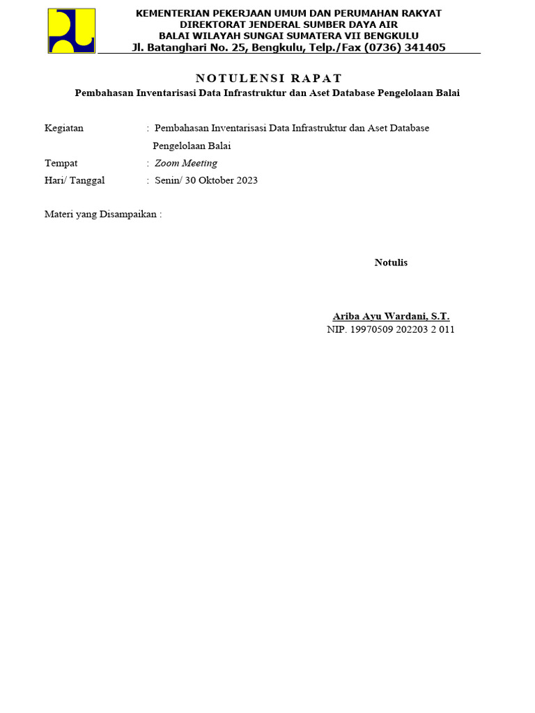 Notulen pembahasan inventarisasi data infrastruktur dan aset database