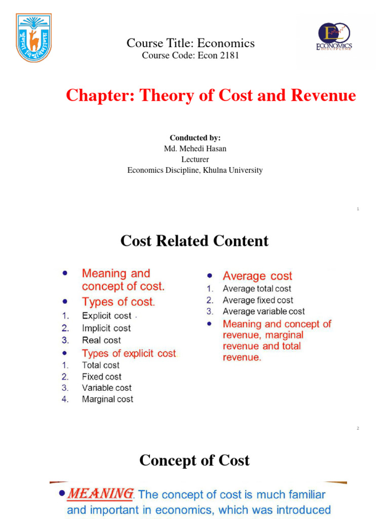 Theory of Cost and Revenue in Economics | PDF | Average Cost | Marginal ...