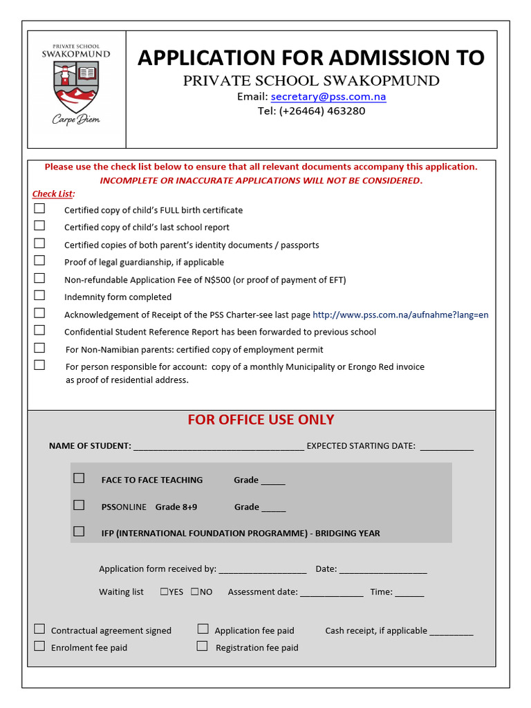 Swakopmund Private School Admission Form | PDF | Indemnity | Parent