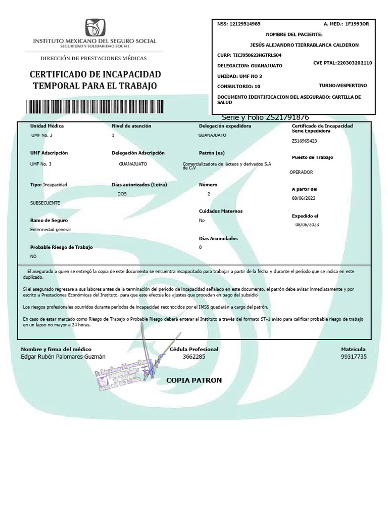 Certificado de Incapacidad IMSS 2023 | PDF | Medicina | Cuidado de la salud