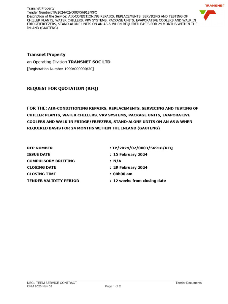 TSC RFQ Airconditioning Maintenance Inland Region Gauteng PDF