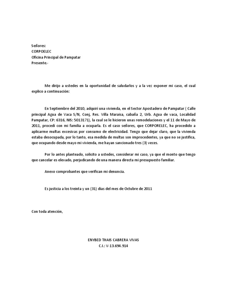 Carta Reclamo a Corpoelec