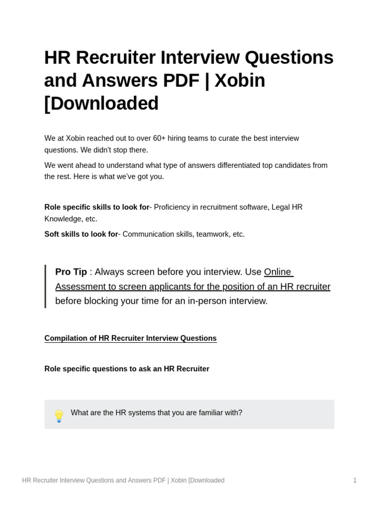 HR Recruiter Interview Questions and Answers PDF Xobin Downloaded 