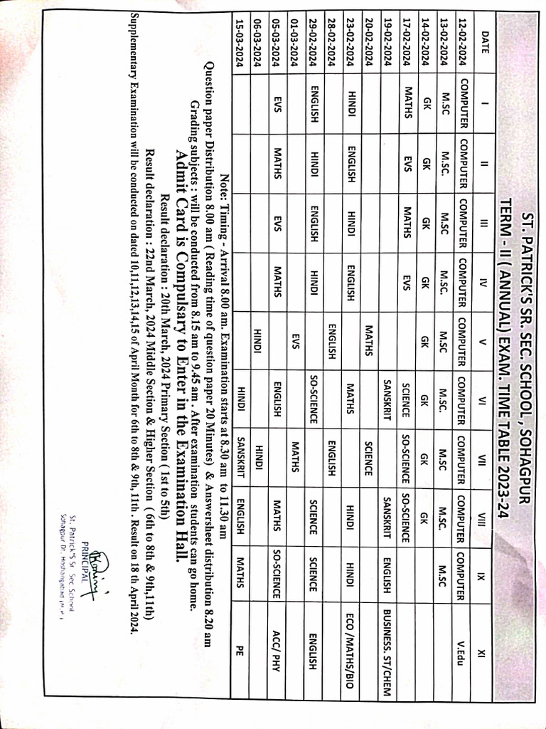 Annual Exam Time Table 23 24 Pdf