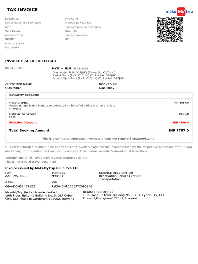 Booking Invoice M06ai24i07427431 | PDF