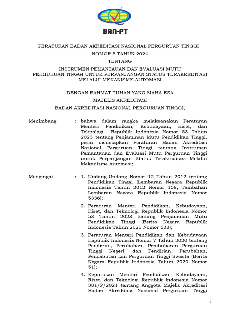 PerBAN PT 5 2024 Instrumen PEMUTU PT Untuk Perpanjangan Status