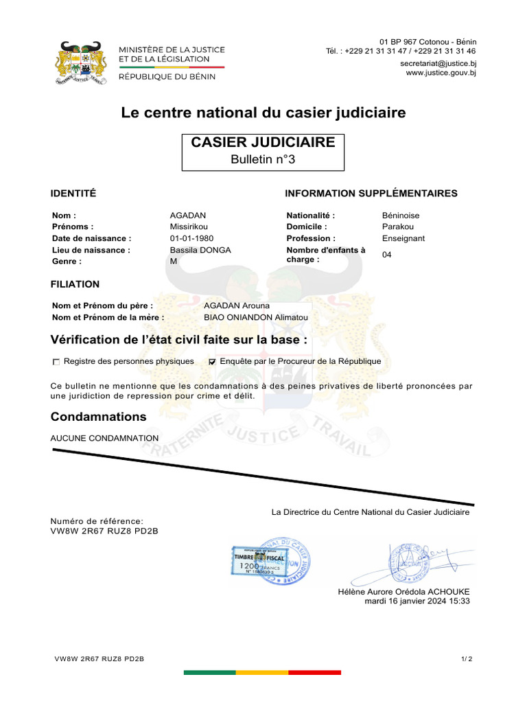 Bulletin n°3 du casier judiciaire Bénin | PDF | Justice | Crime et violence