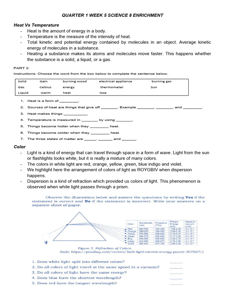 Enrichment Activity About Heat and Temperature | PDF