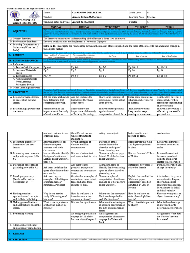 Grade 8 Science DLL: Week 1 Overview | PDF | Force | Learning