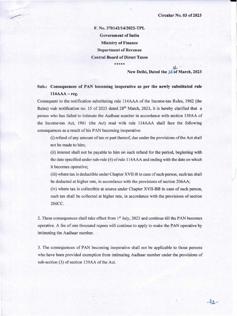 PAN Inoperability Consequences Circular 2023 | PDF | Taxes | Government ...