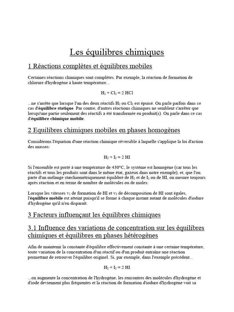 Les Équilibres Chimiques | PDF | Équilibre chimique | Réactions chimiques