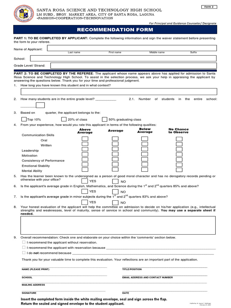 Santa Rosa High School Admission Form | PDF | Cognitive Science ...