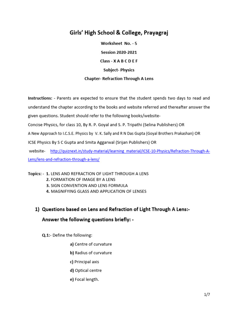 Physics Cl10 Ws 5 Pdf Glass Applications Optics