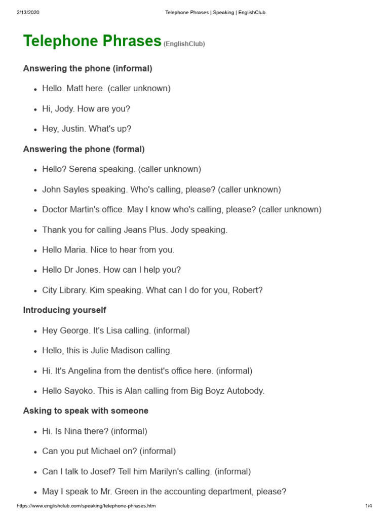 Telephone Phrases - Speaking - EnglishClub | PDF