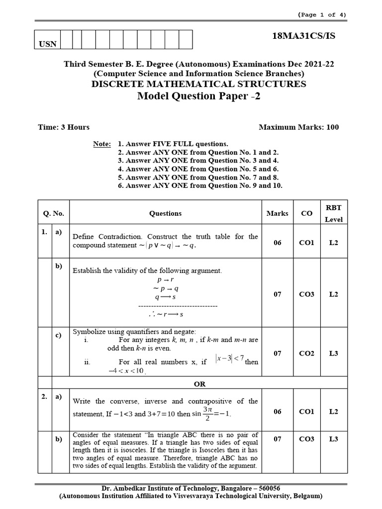 Model QP 2 18ma31csis - 2021-22 | PDF | Mathematical Concepts | Applied ...
