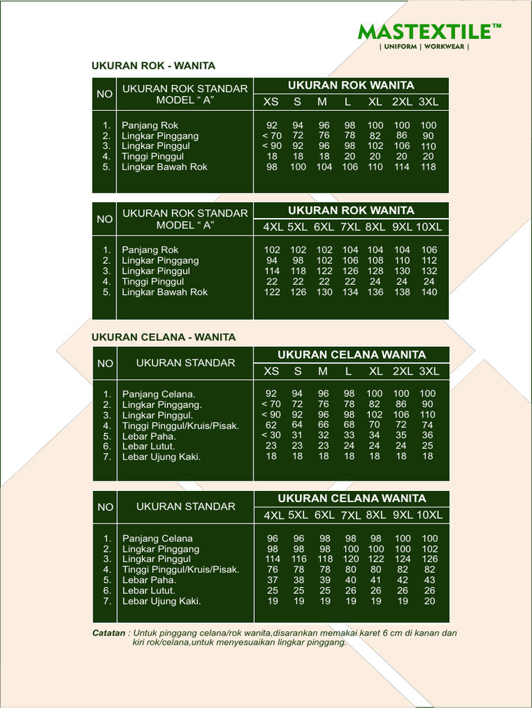 Tabel Ukuran Rok dan Celana Wanita | PDF