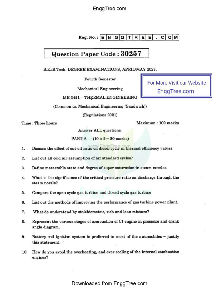 ME3451 Thermal Engineering Apr May 2023 Question Paper Download | PDF