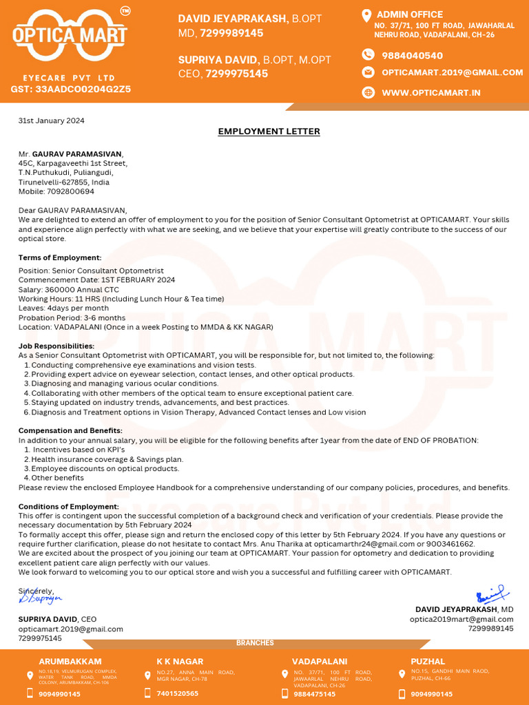 New Optom Employment Letter 31 Jan 24 | PDF | Optometry | Employment