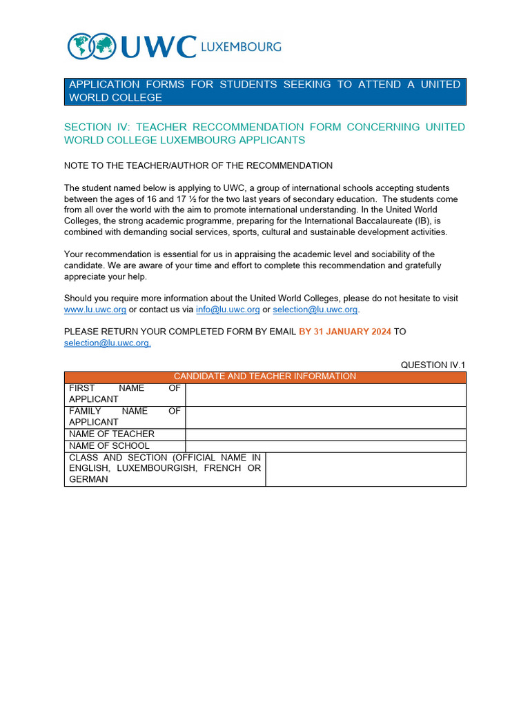 UWC Luxembourg Teacher Recommendation Form | PDF | Teachers | Learning