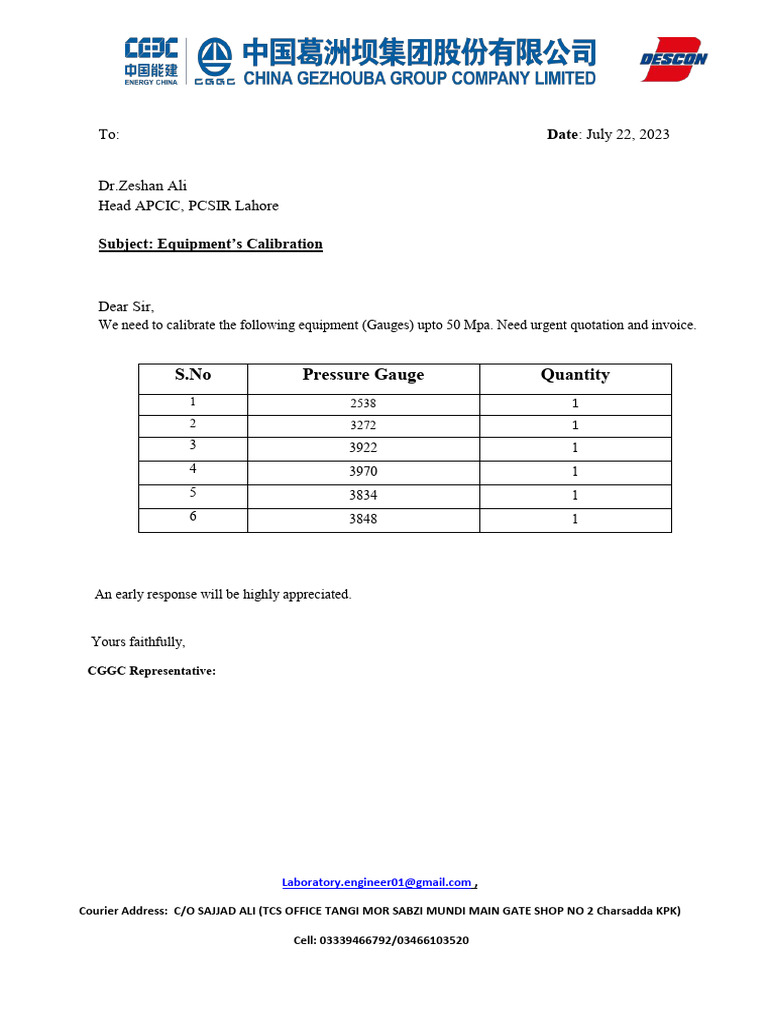 Calibration Request for Pressure Gauges | PDF