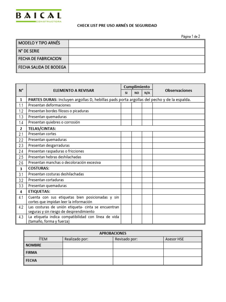 Checklist de Arnés y Línea de Vida | PDF | Equipo de protección personal