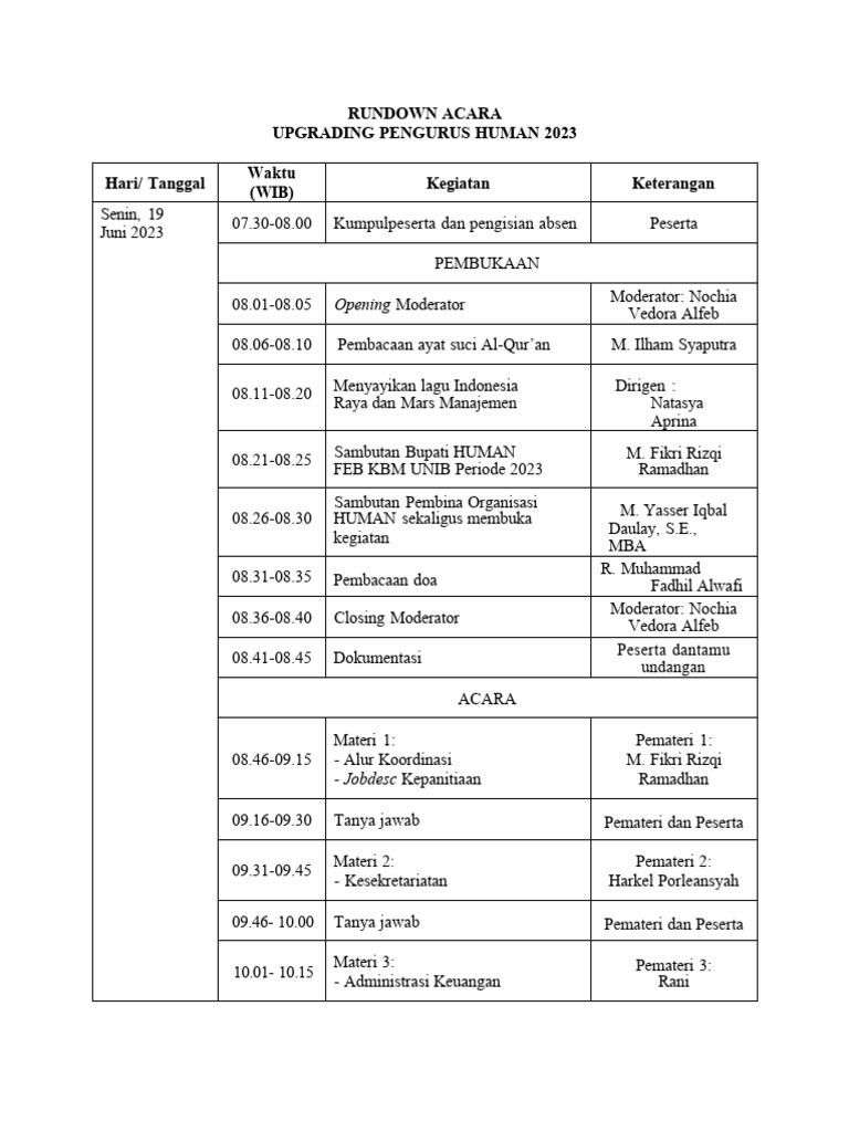 Rundown Acara Upgrading Pengurus HUMAN 2023 | PDF