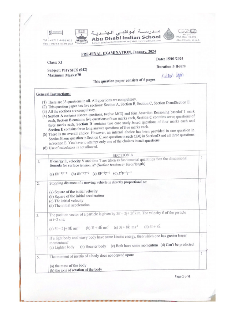 Adis Pre Finals Physics Paper | PDF