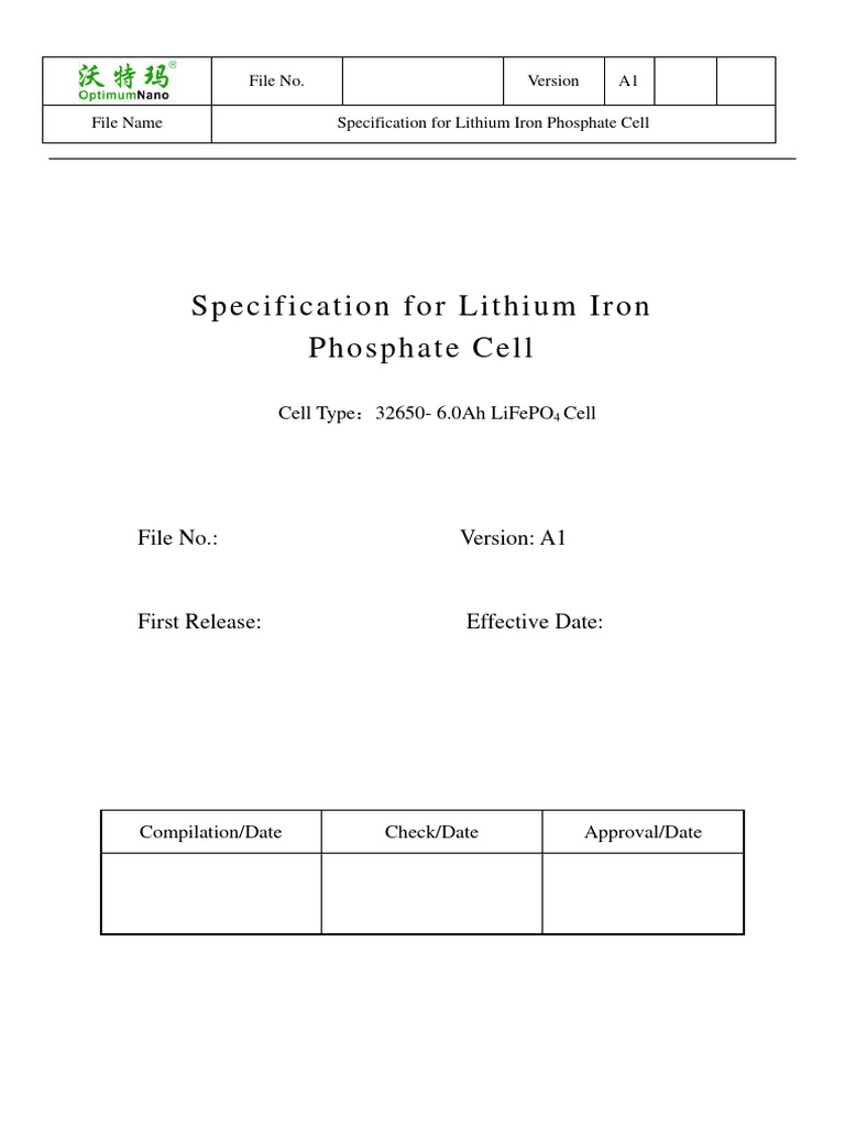 32650 LiFePO4 Cell Specifications | PDF | Rechargeable Battery | Chemistry