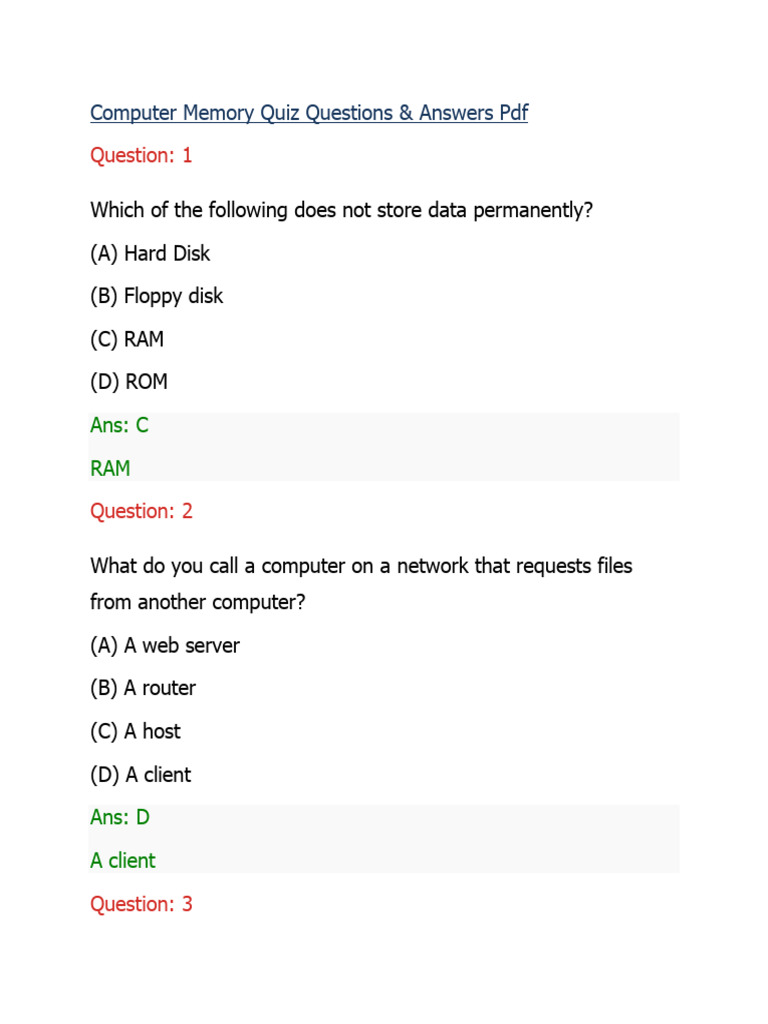 Computer Memory Quiz Questions PDF