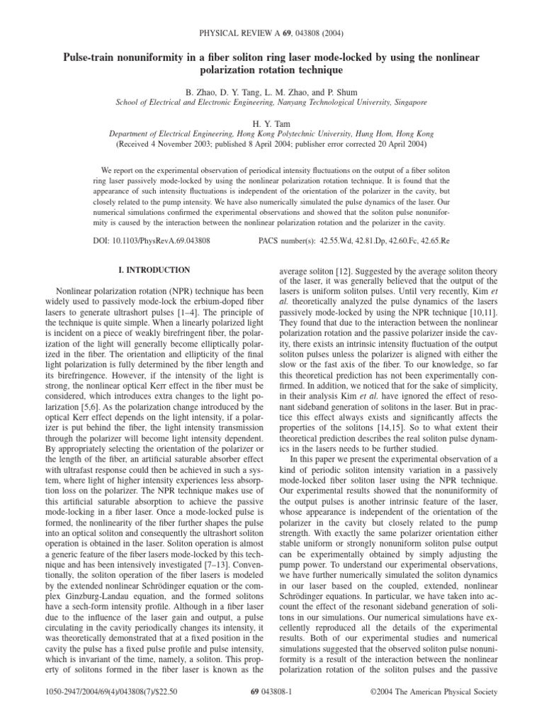 2004 76 pulse train nonuniformity in a fiber soliton ring laser mode