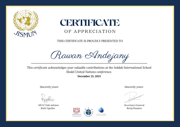 Certificate Of Appreciation For MUN 2023 PDF