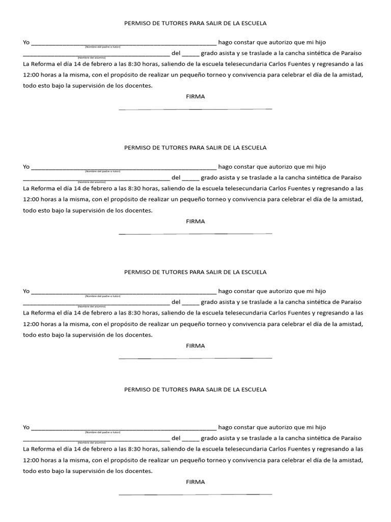 Permiso de tutores para salir de la escuela pdf