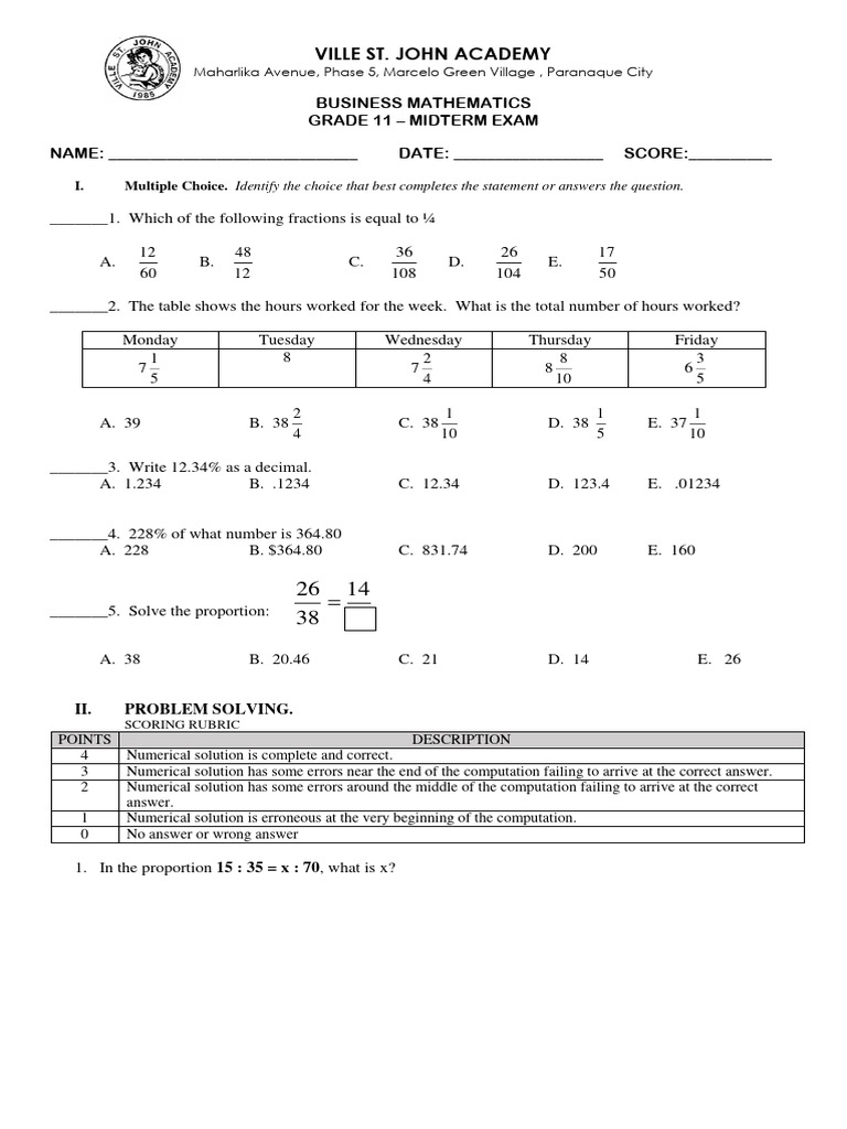 Grade 11 Business Math Midterm Exam | PDF | Numerical Analysis ...