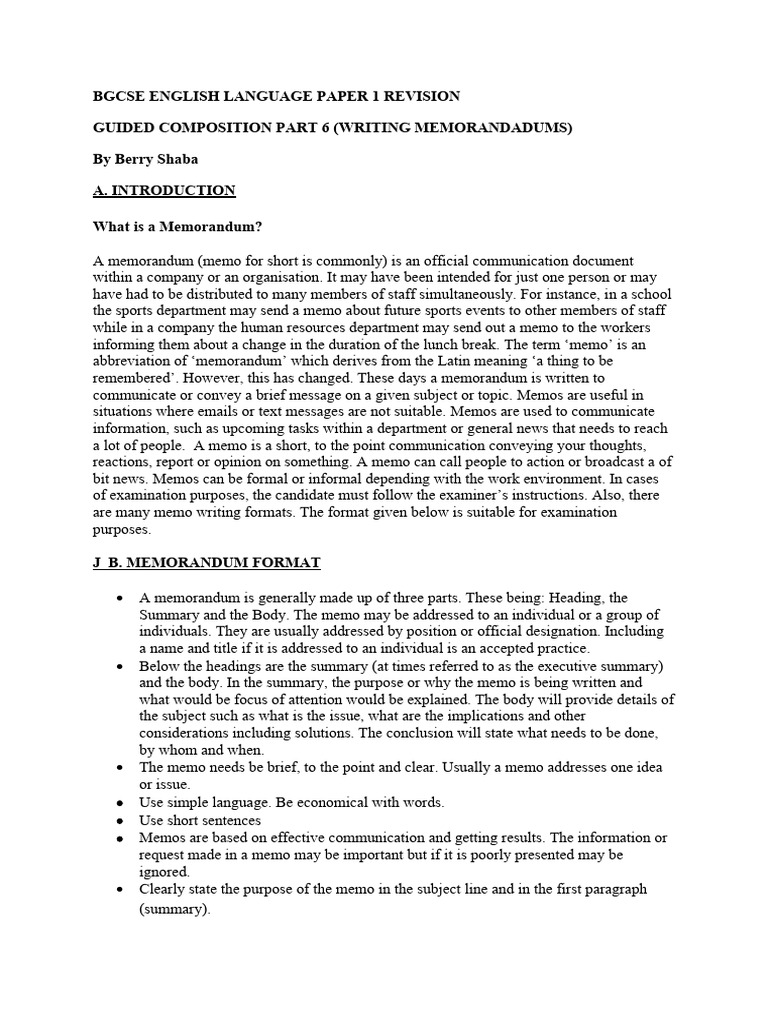 Bgcse English Language Paper 1 Revision Guided Comp Part 6 (Memos) - 1 ...