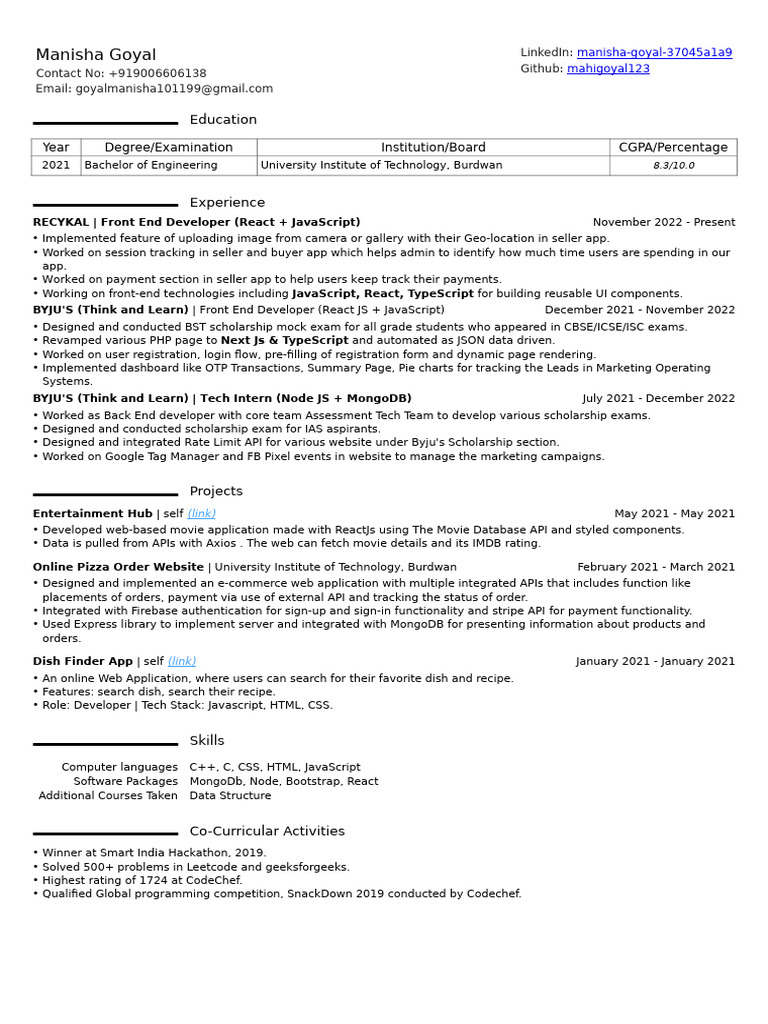 Front End Developer Resume Summary | PDF | World Wide Web | Internet & Web