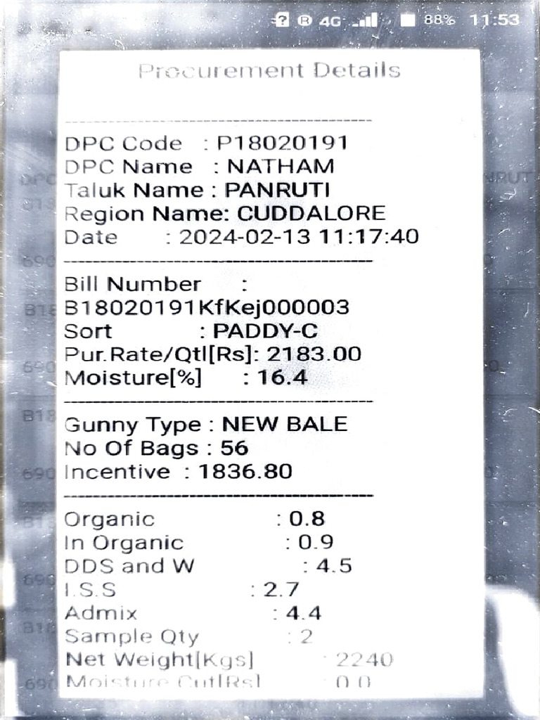 DPC Paddy Rate and Procurement Details | PDF