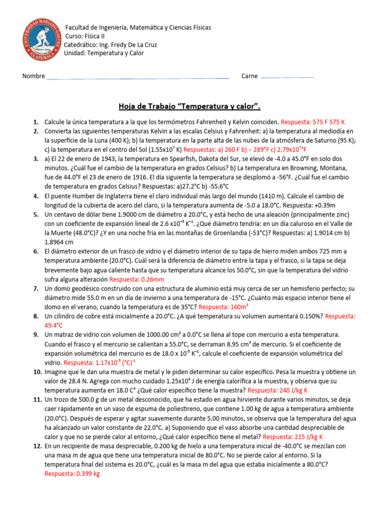 Hoja de Trabajo - Temperatura y Calor | PDF | Temperatura | Calor