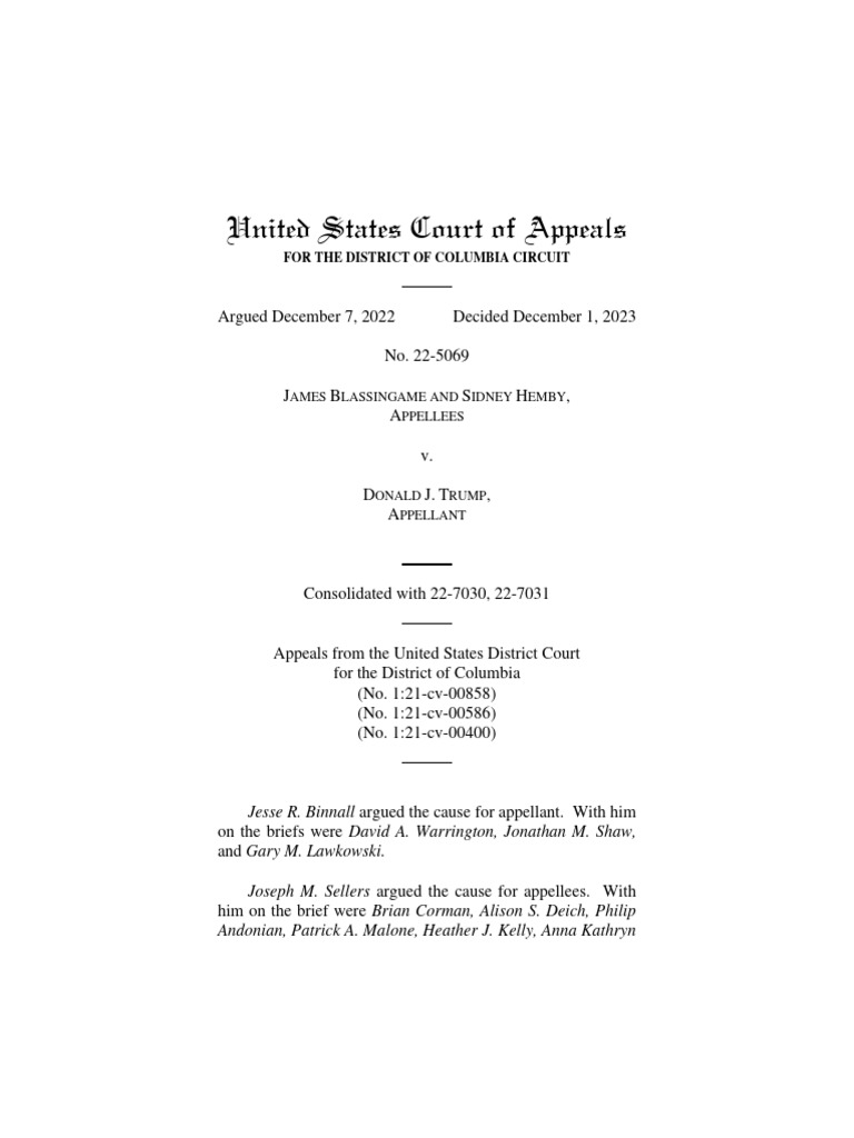 Blassingame V Trump No 22 5069 D C Cir Dec 1 2023 PDF