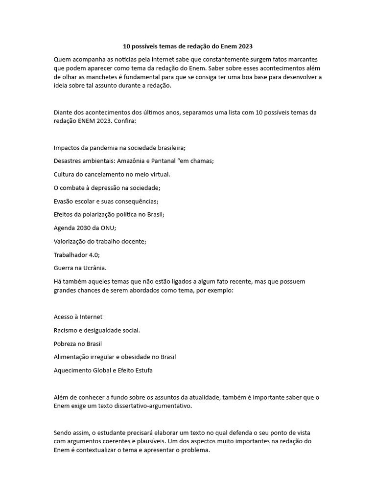 10 Possíveis Temas de Redação Do Enem 2023 | PDF | Ciências Sociais