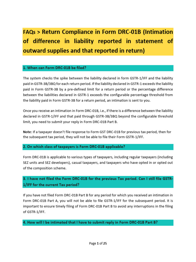 Form DRC-01B: Filing FAQs and Guidelines | PDF | Taxes | Computing