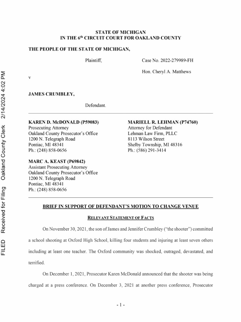 Brief in Support of Motion For Change of Venue For James Crumbley | PDF