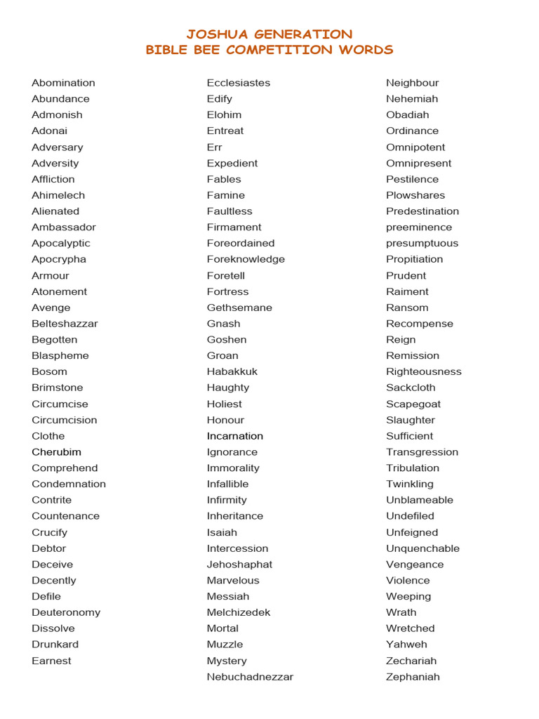 Bible Bee Competition Word List | PDF