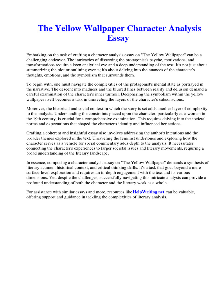 The Yellow Wallpaper Character Analysis Essay PDF Nursing Surrealism