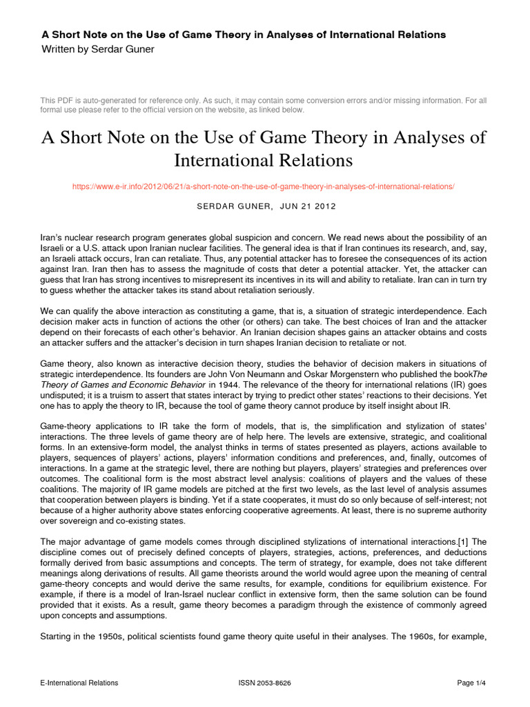 A Short Note On The Use of Game Theory in Analyses of International ...