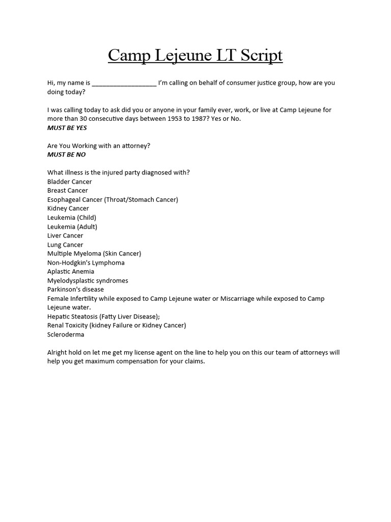 Camp Lejeune Illness Claims Script | PDF | Wellness