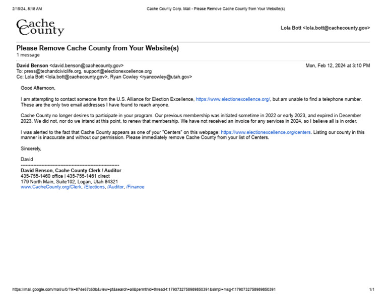 Cache County Email To The U.S. Alliance For Election Excellence | PDF
