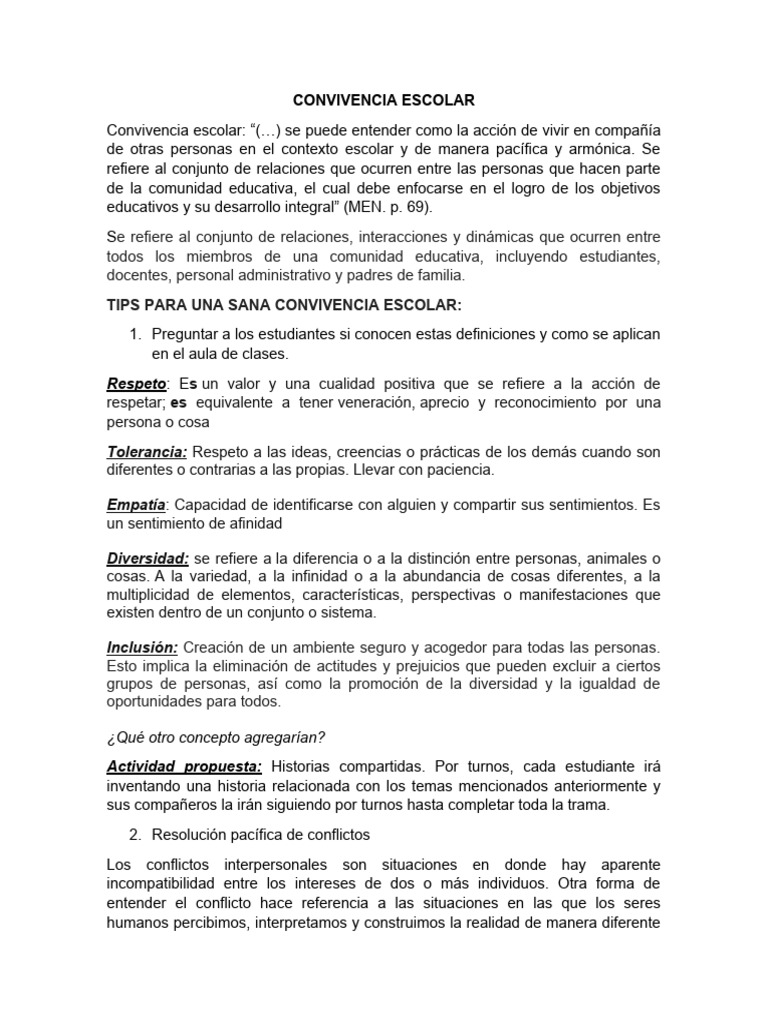 Convivencia Escolar 1 Semana De Clases Pdf Conflicto Proceso